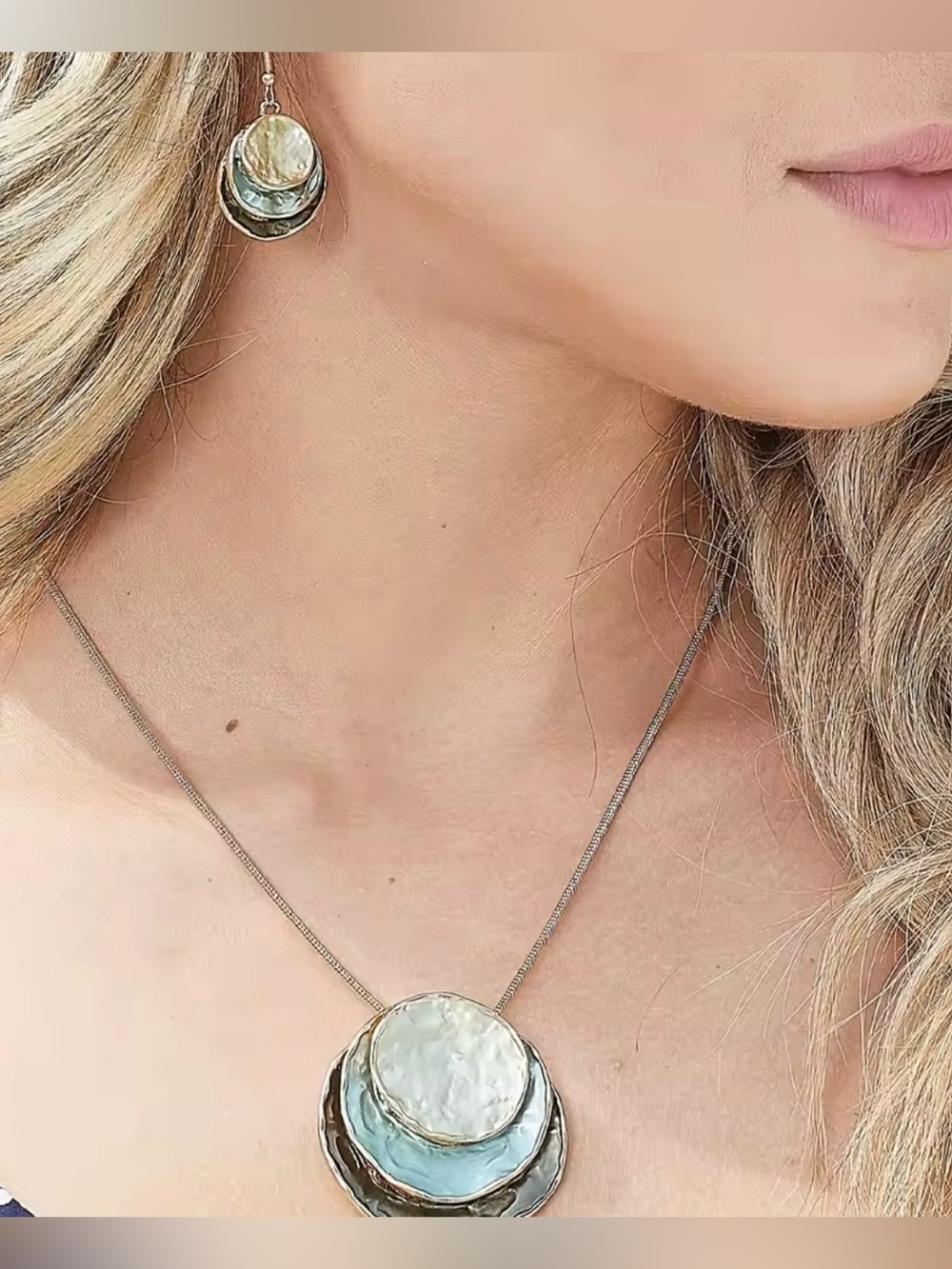 Silver Mother-of-Pearl Layered Pendant Necklace and Earrings Set Light Blue